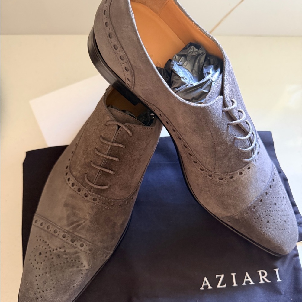 Gray Suede Cap-Toe Derby with Brogue Detailing